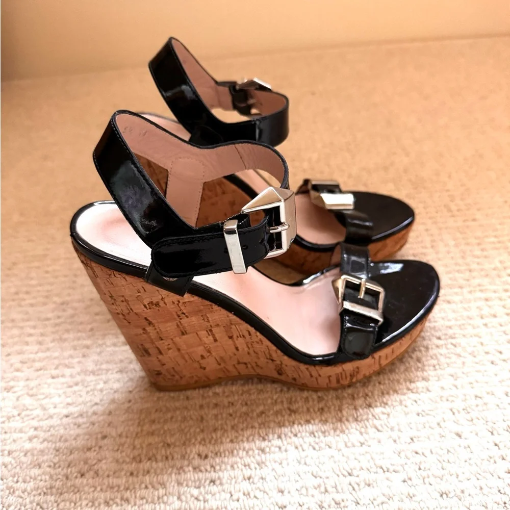 Stuart Weitzman Cork Patent Leather Platform Wedges - Picture 3 of 7